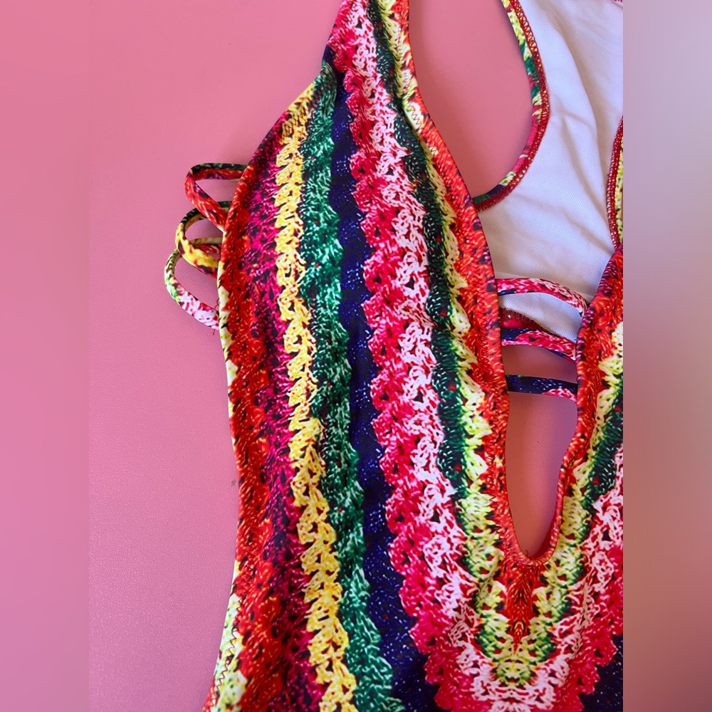 Rainbow Faux Crochet One Piece Swimsuit - Picture 10 of 13